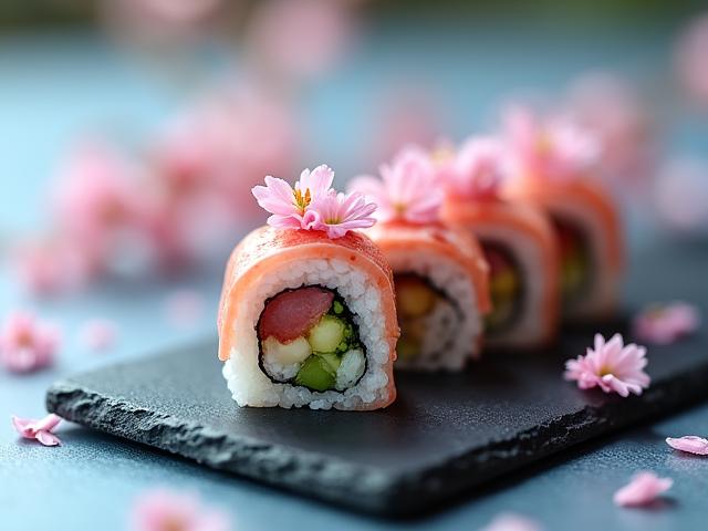 春限定の桜ロール寿司とピンク色の日本酒